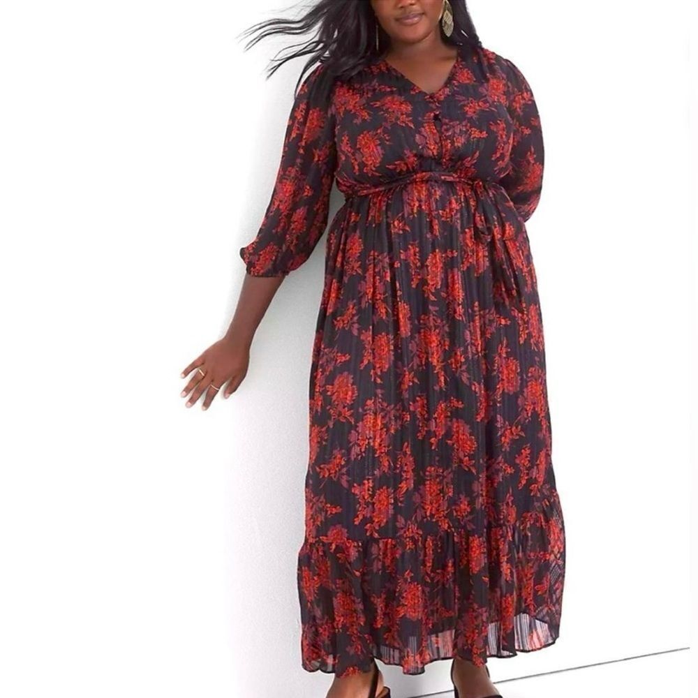 NEW Lane Bryant Red Black Floral Chiffon Belted Pleaded Maxi Dress 20